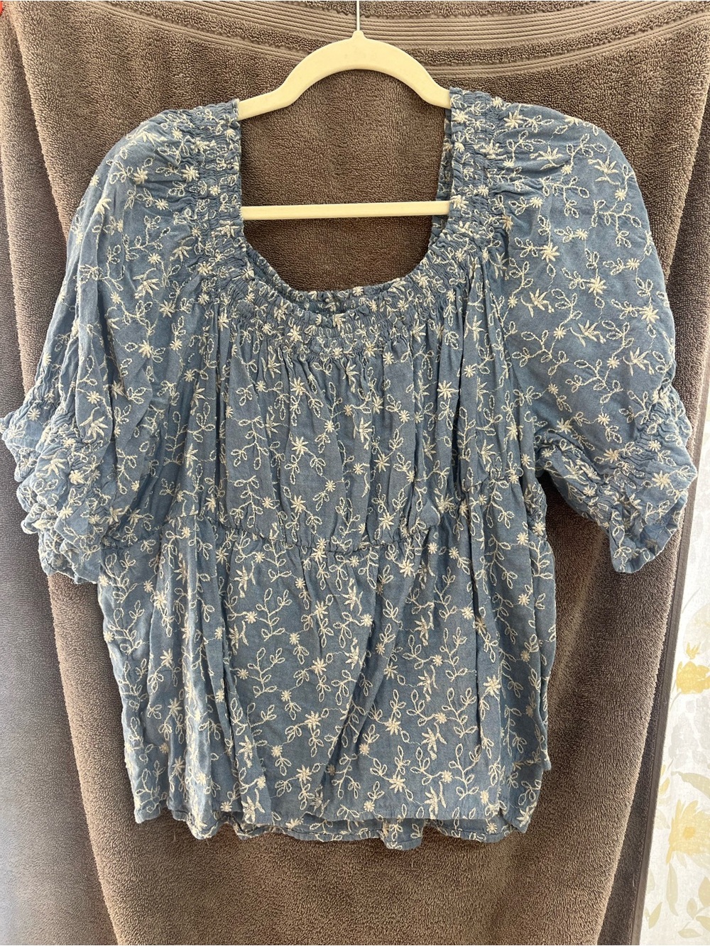 Old Navy Light Blue Floral Embroidered Smocked Peasant Blouse